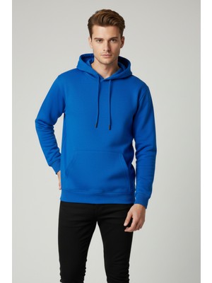 Erkek Üç Iplik Kalın Mavi Kapüşonlu Sweatshirt
