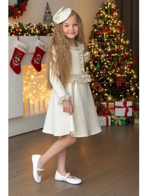 Riccotarz Kız Çocuk Yakası ve Beli Fırfır Detaylı Üzeri Kare Desenli Gold Şanel Elbise