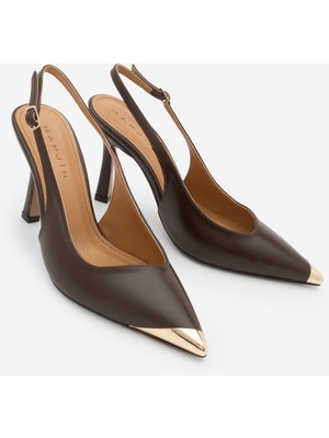 Marjin Kadın Stiletto Sivri Burun Altın Detaylı Arkası Açık Topuklu Ayakkabı Süvat Kahve