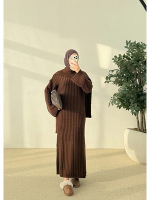 Moda Aksa Örgülü Atkılı Elbise Kahve