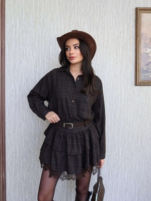 Esra Helvacı Dantel Detay Ekose Desen Etek Gömlek Takım