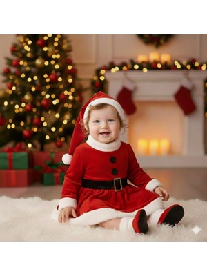 Tülü Akkoç Kız Bebek Noel Elbise Çıtçıtlı Patikli Şapkalı Yılbaşı Kostümü