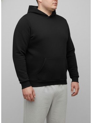 Balkonda Sweatshirt Kapüşonlu 3 Iplik Bol Kesim Yumuşak Esnek Unisex Mat Siyah