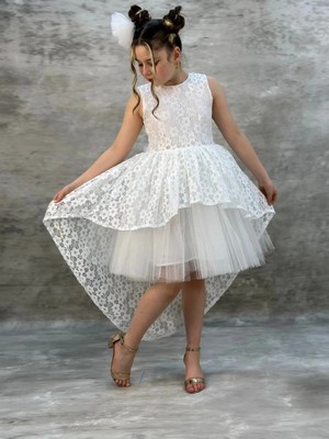 LilyMoon Kız Çocuk Dantel Çiçek Desenli Katlı Tül Abiye Elbise