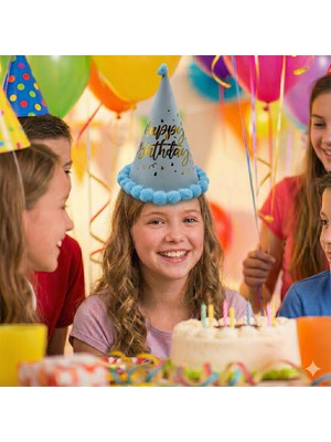 Dodomar 40 cm Baş Çevresi – 25 cm Makaron Mavi Ponponlu Happy Birthday Doğum Günü Şapkası