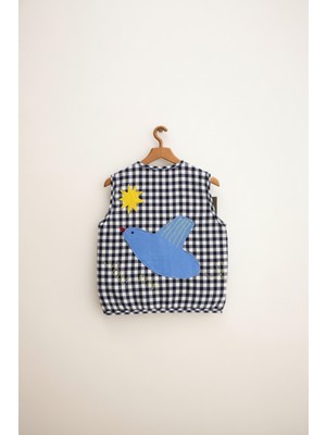 Magu Unisex Çocuk Pamuklu Lacivert Ekose Kuş Aplikeli Yelek – Yumuşak Dolgulu