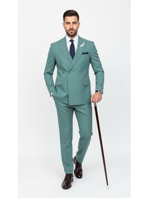 Plus Scorpion Erkek Slim Fit Çizgili Takım Elbise – 2 Top Düğmeli, Çift Yırtmaçlı Modern Kesim