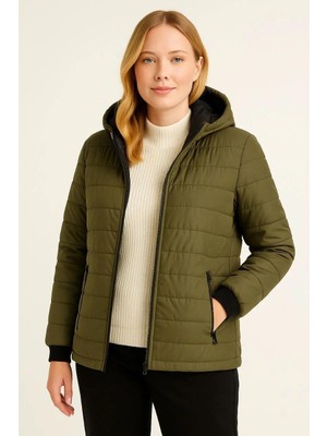 Rawea Fashion Kadın Şişme Kapüşonlu Fermuarlı Mont Su Itici Kapitone Astarlı Kumaş Cepli Kışlık Rahat Kalıp - Haki