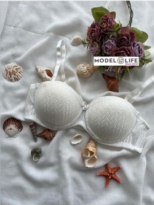 Modellife Straplez Balenli Destekli Içi Dolgulu Beyaz Flamlı Dantelli Sütyen