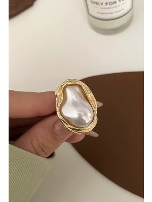 Aurrari Gold Incili Tasarım Büyük Ayarlanabilir Yüzük