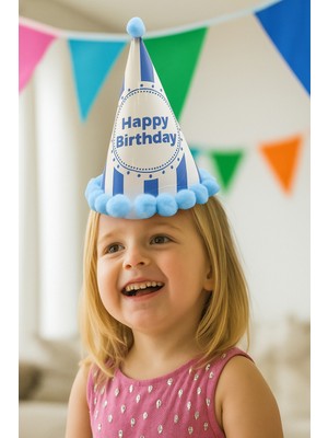 Dodomar 35 cm Baş Çevresi – 20 cm Mavi Çizgili Ponponlu Happy Birthday Doğum Günü Şapkası