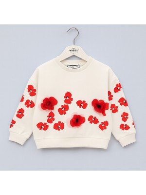 Wanex Kız Çocuk Çiçek Aplikeli Uzun Kollu Sweatshirt – Vanilya Renk (4–9 Yaş)