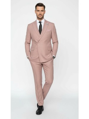 Plus Scorpion Erkek Slim Fit Çizgili Takım Elbise – 2 Top Düğmeli, Çift Yırtmaçlı Modern Kesim