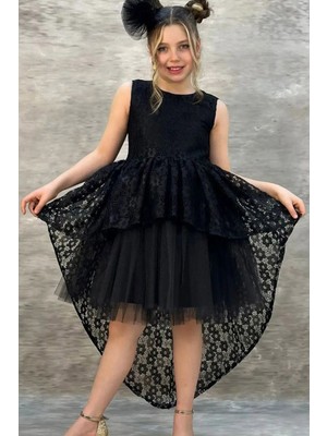 LilyMoon Kız Çocuk Dantel Çiçek Desenli Katlı Tül Abiye Elbise
