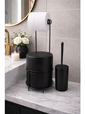 Decorev Modern Banyo Seti – Kapaklı Çöp Kovası, Tuvalet Kağıtlığı ve Wc Fırçası | Minimal Tasarım