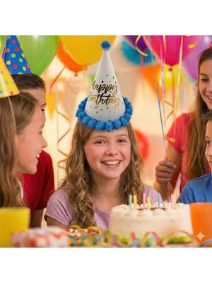 Dodomar 40 cm Baş Çevresi – 25 cm Mavi Varaklı Ponponlu Happy Birthday Doğum Günü Şapkası