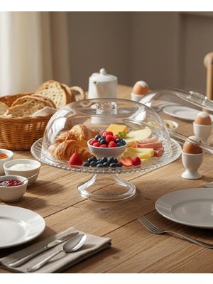 abnturk Kristal Kek Fanusu Tam Korumalı Şeffaf Sunumluk Ayaklı Kek Kurabiye Pasta Fanusu Gıda Standı 27CM