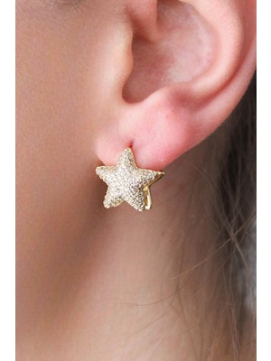 Nenya Vıp Çelik 14K Altın Kaplama Zirkon Taş Işlemeli Yıldız Küpe