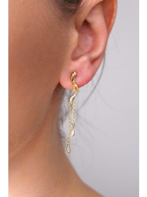 Nenya Vıp Çelik 14K Altın Kaplama Zirkon Taş Işlemeli Minimal Sallantılı Küpe