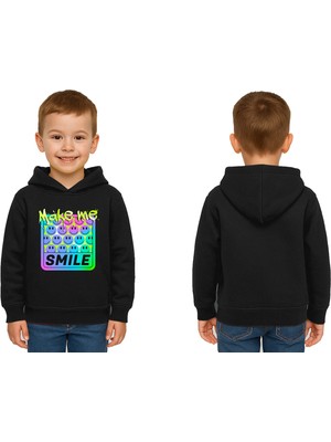 Sedirli Unisex Smile Baskılı Çocuk Swaetshirt Kapşonlu 3 Iplik Şardonlu