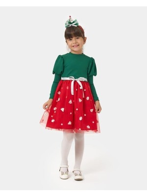 Magu Kız Çocuk Pamuklu Yeşil Kırmızı Yeni Yıl Desenli Tül Etekli Elbise - Fiyonk Kemerli