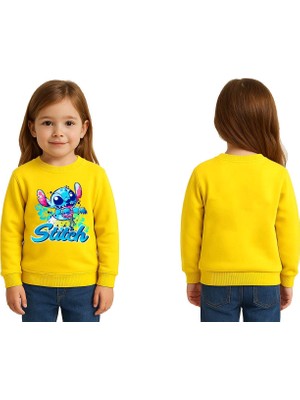 Sedirli Unisex Stitch Baskılı Çocuk Swaetshirt 3 Iplik Şardonlu