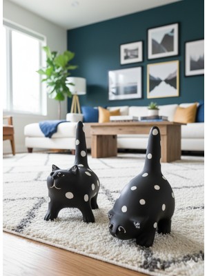 İki Cadı Tasarım Modern Tombul Kedi 2'li Biblo Seti, Polyester Ev Dekor Ürünü - 29CM x 24CM