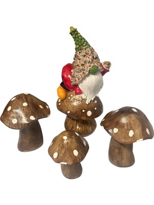 İki Cadı Tasarım Mantar Üstünde Cüce ve Puantiyeli Mantar Set, Polyester Dekoratif Obje