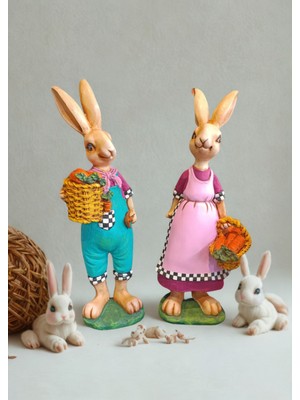 İki Cadı Tasarım Bahçe Çiftçi Tavşan Set 62CM Heykel Biblo Dekoratif Bahçe Obje