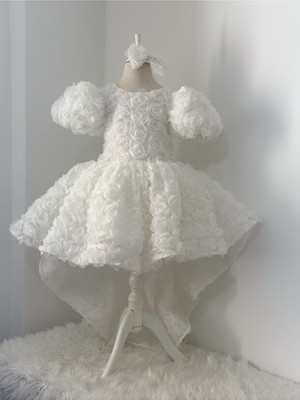 Miço Kids Kız Çocuk Abiye Elbise 3D Gül Detaylı Fiyonklu Özel Gün Elbisesi