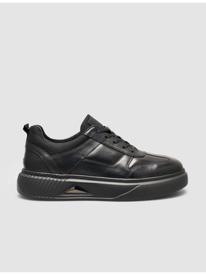 Cabani  %100 Deri Siyah Taban Armalı Erkek Sneaker Ayakkabı