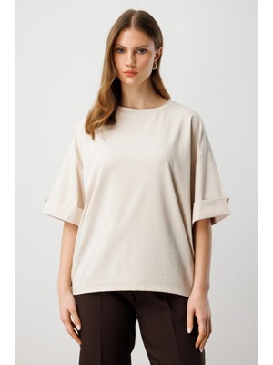 On Kadın Büyük Beden Yarım Kol Metal Aksesuarlı Bluz 61434 Taş