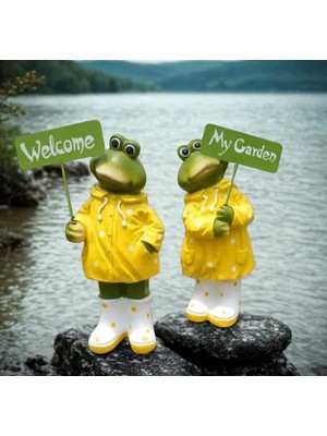 İki Cadı Tasarım 2'li Kurbağa Set, Yağmurluklu Tabela Tutan Heykel Biblo, Bahçe, Balkon Dekor Ürünü