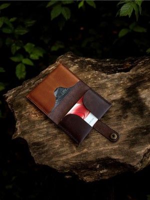 Kalkan Deri El Yapımı Hakiki Deri Kartlık - Kahverengi & Gold