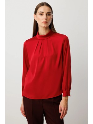 Ekol Kadın Önü Pileli Dantel Detaylı Bluz 3059 K.kırmızı