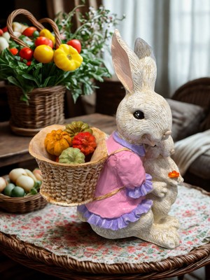 İki Cadı Tasarım Tavşan Kız Sepetli Yavrulu Dekoratif Polyester Ev , Bahçe Dekoratif Obje