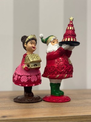 İki Cadı Tasarım Noel Baba ve Noel Anne Biblo Seti – Yılbaşı Dekoratif Obje | El Yapımı Polyester