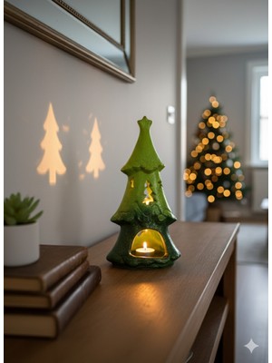 İki Cadı Tasarım Çam Ağacı Mumluk Tealight Seramik Dekoratif Obje - 20X11CM