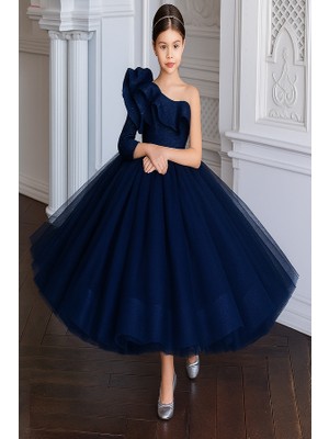 Miço Kids Tek Omuz Abiye Çocuk Elbisesi Tül Kabarık Parti ve Doğum Günü Elbisesi