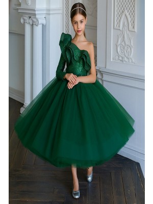 Miço Kids Tek Omuz Abiye Çocuk Elbisesi Tül Kabarık Parti ve Doğum Günü Elbisesi