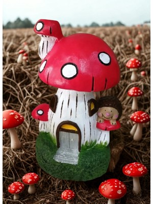 İki Cadı Tasarım Kirpi Detaylı Dekoratif Mantar Ev, Bahçe Dekor Ürünü