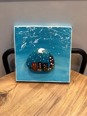 İki Cadı Tasarım Doğal Taş Detaylı Mini Tual Tablo 15X15 - Mavi Gece