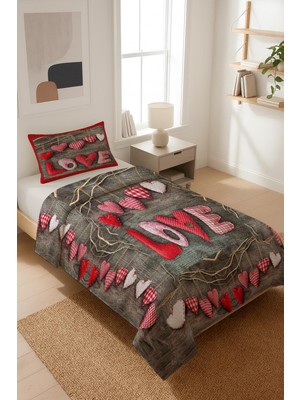 Dolce Mariee Love Yazılı Kadife Kumaş Kapitoneli Tek Kişilik Yatak Örtüsü Seti (2 Parça) TKY0043