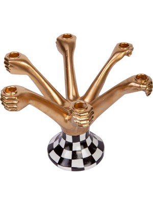 İki Cadı Tasarım Altı Kollu Şık ve Dekoratif Damalı Altın Rengi Şamdan