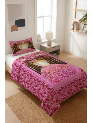 Dolce Mariee Pembe Ağaç Desenli Kadife Kumaş Kapitoneli Tek Kişilik Yatak Örtüsü Seti (2 Parça) TKY0048