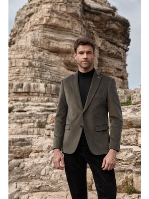 Paco Romano Erkek Slim Fit Mono Yaka Kadife Yeşil Ceket