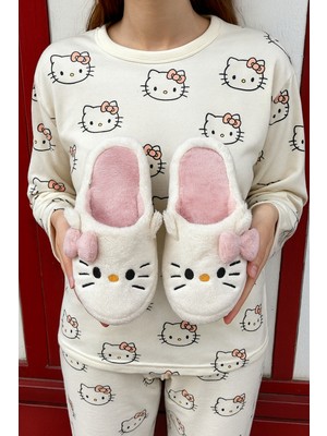 Redtan Kadın Pudra Hello Figürlü Peluş Panduf Ev Terliği