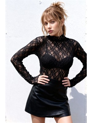 Mamayaga Kadın Esnek Desenli Dantel Spor Şık Tasarım Uzun Kol Gece Bluzu