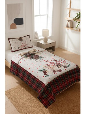 Dolce Mariee Yılbaşı Temalı Kadife Kumaş Kapitoneli Tek Kişilik Yatak Örtüsü Seti (2 Parça) TKY0045