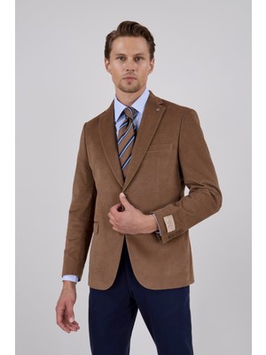 Paco Romano Erkek Slim Fit Mono Yaka Kadife Vizon Ceket